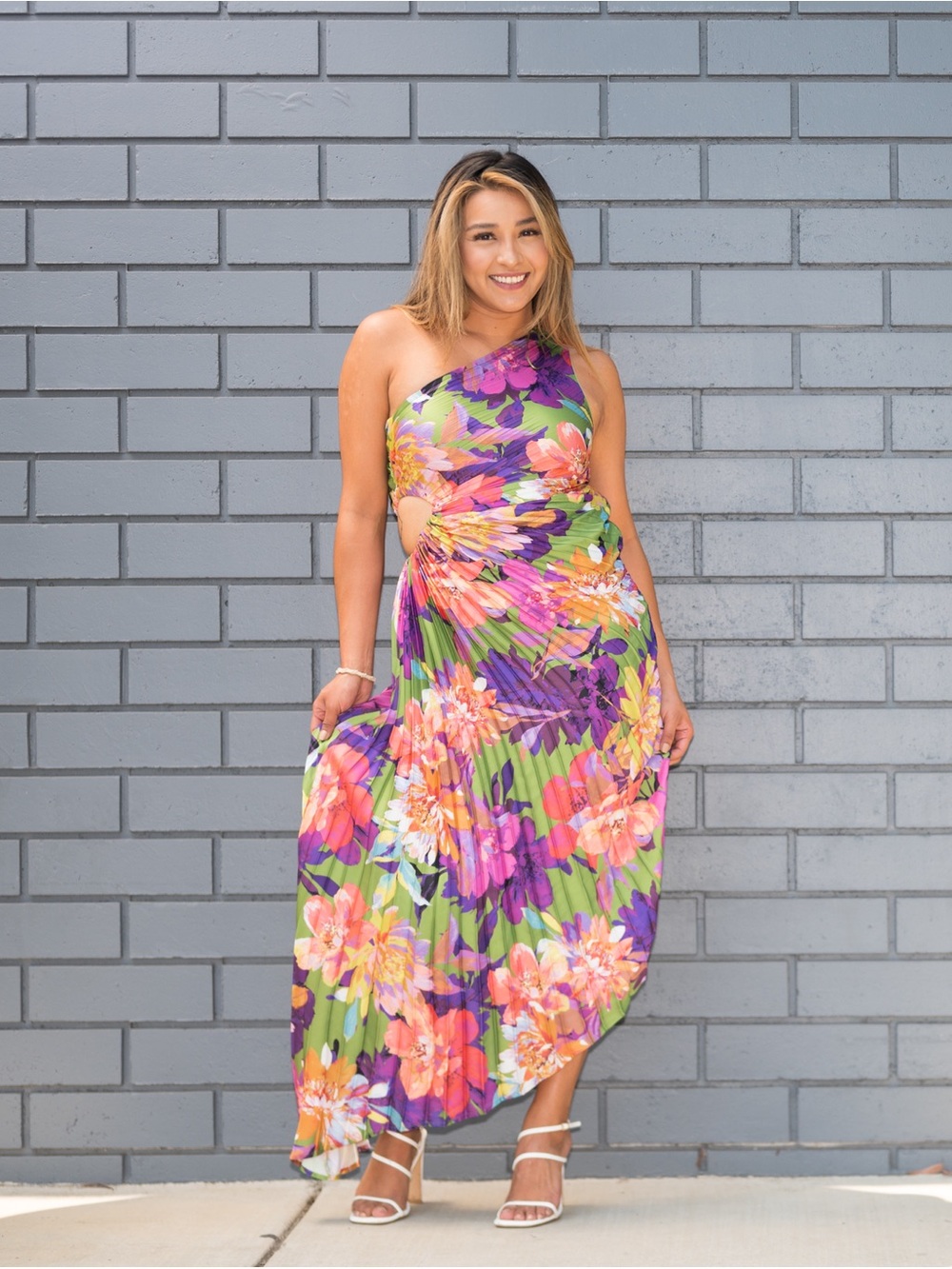 Floral One-Shoulder Maxi Dress in Green and Purple